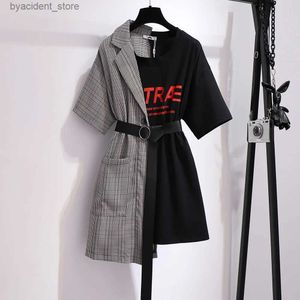 アーバンセクシードレス150kgプラスレディース夏の格子縞の半袖Tシャツドレスバスト157cm 6xl 7xl 8xl 9xl 10xlフェイク2ピースドレスブラックホワイトl240309