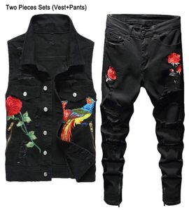Siyah eşofman Moda İnce Nakış Phoenix Çiçek Men039S 2pcs Pant Pantolon Setleri yırtık delik denim yelek ve kot sıradan erkekler Clot3731001