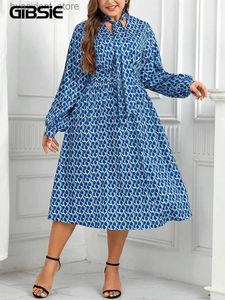 Urban Sexy Dresses GIBSIE Plus Size Fliege Hals Gürtel Print Langes Kleid Damen Frühling Herbst Lässige Mode Party A-Linie Kleider mit Schlitzärmeln L240309