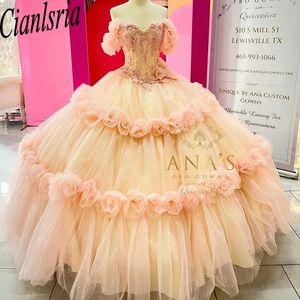 Księżniczka Suknia balowa 3d kwiaty Quinceanera Ubierz z aplikacji ramion koronkowe gorset vestidos de 15 anos