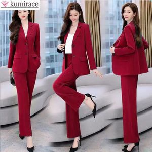 Spring Single Breasted Pocket Blazer Jacket Casual Trousers Two-piece Elegant Womens Trousers Suit Office Suit 240228