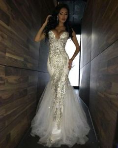 New Luxury Bling Sparkle Prom Dresses Mermaid White Deep V-neck Beaded Crystal Long Tulle Prom Dress Evening Gowns 302