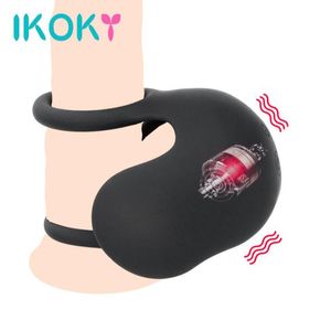 IKOKY Penis Ring Scrotal Binding Ring Delay Ejaculation Double Cock Ring 10 Speed Testicle Bondage Vibrators T2005102834256