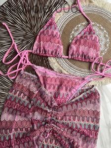 Biquíni feminino em ziguezague, três peças com saia, tricô, roupa de banho push up, roupa de praia 230707 NRRS