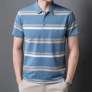 Verão masculino solto inteligente casual manga curta listrado polo camisas streetwear moda roupas masculinas camiseta básico de secagem rápida topos 240307