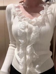 Женский вязаный кружевной корейский модный кардиган, женский вязаный топ с длинными рукавами, милая милая рубашка, трикотажная одежда, базовая одежда 2024 г.