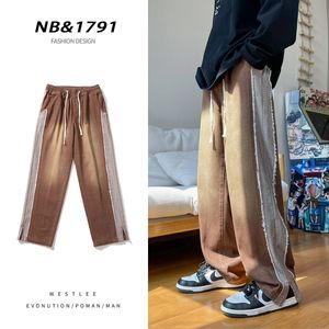 Spring Baggy jeans för män med lapptäcke Raw Edge Design Streetwear Denim Wide Leg Pants Straight Trousers Brown 240309