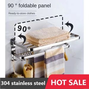 4050CM 304Stainless Steel Folding Movable Bath Towel Shelf Polished Bathroom Rack Holder Storage Hook Accessories 240304