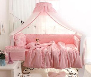 Bebê meninas berço pára-choques algodão rendas estilo princesa algodão sólido com ruffler folha de cama berço do bebê conjunto crianças quarto decor7404750