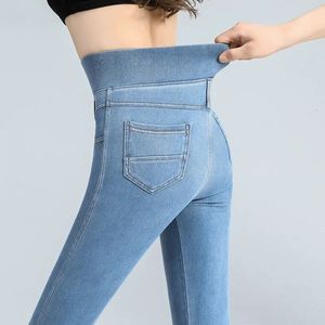 Moda coreana feminina tamanho grande jeans magros primavera outono streetwear calças casuais denim bolsos elástico cintura alta lápis calças 240304