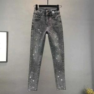 Jeans femininos mulheres retro roupas de rua jeans 2023 novo ultra-fino cintura alta elástico diamante jeans feminino casual elástico lápis jeans j240306