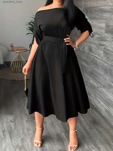 Urban Sexy Dresses Parara Plus Size Casual Dress Womens Solid One Shoulder Drawstring Ruched Midi Dress with Belt L240309