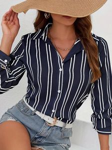 Women's Blouses Elegant Shirts & Blue Striped Print Simple Shirt 2024 Spring Summer Plus Size Female Clothing Blouse Tops