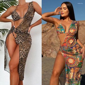 Women's Swimwear European And American Leopard Pattern Hanging Neck Three Piece Mesh Bikini Sunscreen Sexy