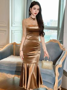 Casual Dresses Vintage Gold Velvet Evening Long Elegant Pretty Women's Clothes Mujer Ladies Sheer Skinny Dress Vestidos Party Prom Robe