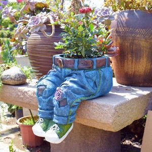 Decorative Objects Figurines New Garden Art Jeans Courtyard Decoration Ornaments Flower Pot Resin Crafts Courtyard Design Planting Decoration Ornaments Gift T24