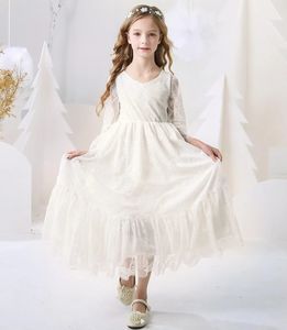 212 år Flower Girl Dresses White Beige Long Sleeve Summer Dress Communion Toddler Kids Dopning Wedding Bridesmaid kläder 240306