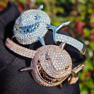 7 tum ny trendig diamant inlagd guld och silver Great White Shark Armband, Moissanite Unisex Hip-Hop Full Diamond Open Armband