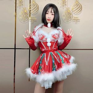 Scene Wear Red Christmas Costume Nightclub Bar Gogo Dance Clothing Feather Festival Party Rave Outfit Women Jazz kläder