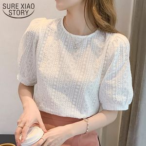 Coreano bordado floral blusa feminina verão doce solto camisa de renda das mulheres manga curta o pescoço casual branco topos 15217 240226