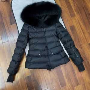 여자 검은 단락 자켓 디자이너 겨울 코트 진짜 여우 모피 후드 슬림 겉옷 bogb