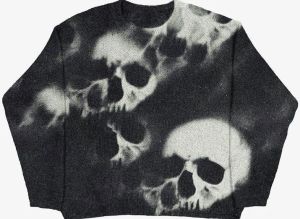 Pulôveres góticos masculinos femininos com estampa de caveira manga comprida tops suéter preto fada grunge suéter de malha outono e inverno roupas jumper