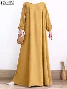 Ethnische Kleidung ZANZEA Frauen Türkei Muslim Kleid Langarm Oansatz Einfarbig Maxi Robe Frühling Mode Party Sommerkleid Eid Mubarek Vestidos