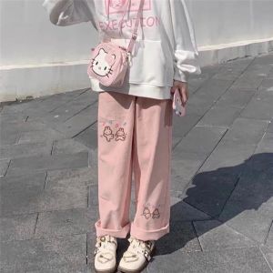 Capris pantaloni larghi casual da donna in cartone animato alla moda coreana pantaloni di velluto a coste Harajuku streetwear pantaloni dolci in felpa con gamba a vita alta rosa Kawaii