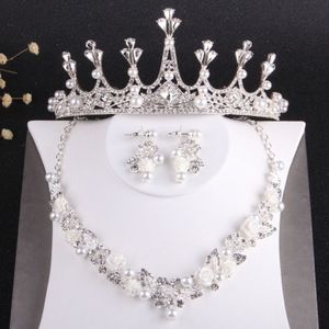 Conjuntos de joias de noiva com cristais de prata encantadores, 3 peças, ternos, colar, brincos, tiaras, coroas, acessórios de noiva, conjunto de joias de casamento 2651