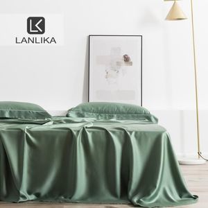 Conjuntos de lençóis Lanlika Verde Adulto 100% Seda 25 Momme Natural Tecido Luxo Roupa de Cama Saudável Dupla Folha Plana Caso Euro Home Deco2560