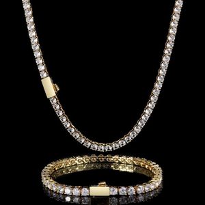 Hip Hop 3mm 4mm 5mm Spring Buckle Zircon Tennis Chain Necklace Real Gold Plating One Row Diamond Necklace Armband3012