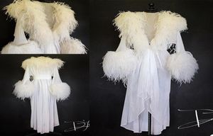 豪華な白い羽毛毛皮の女性冬の着物妊娠妊娠パーティースリープウェアマタニティバスローブシフォンナイトガウンポグラガウンローブS9012600
