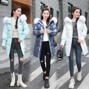 Fashion Gradient Color Women Winter Jacket Cotton Padded Warm Thicken Fur Collar Ladies Long Coats Parka Womens Jackets 201027