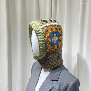 Berets Korean Hand-crocheted Grandmother Grid Balaclava Hat Women Winter Warm Thickened Knitted Hats Ins Scarf Integrated Pullover Cap