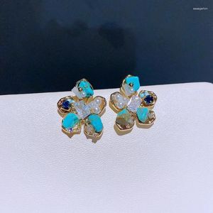 Ohrstecker, luxuriöser türkisfarbener Stein, Blume, goldfarben plattiert, handgefertigter Perlenschmuck für Damen