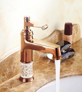 European Retro Rose Gold Bronze Ceramic Basin Faucet Singe Handle Kitchen Deck Mounted Water Mixer Tap Bathroom Sink Faucet9701759