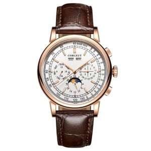 Relógios de pulso 42mm relógio automático masculino mostrador branco caixa de ouro fase da lua calendário multifuncional pulseira de couro mecânico male281c