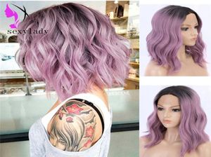 selling Natural Water Wave Short Bob Synthetic Wigs for Women Curly Cosplay Wig ombre two tone purple synthetic lace front wig1690583