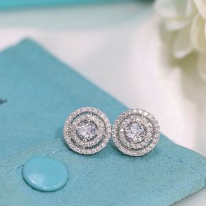 Luxury Famous Charm Tiff Brand Designer S925 Sterling Silver Two Layers Full Crystal Round Charm Stud for Women Fashion Wedding JE228Q