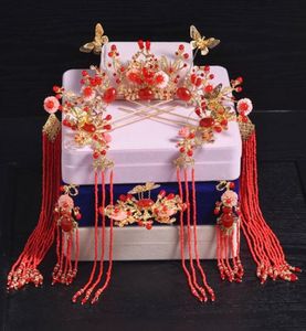 Bridal Red Chinese Style Costume Tiara fransade tofs hårnål bröllopshow klänning frisör set4294269