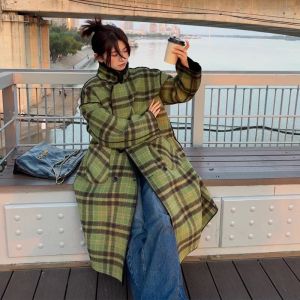 Blends 2023 Fashion Tops Winter Trench New Woman Oem Plaid Woolen Tweed Fur Teddy Reversible Blazers Long Jackets Coats Clothes Korean