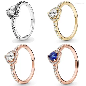 Cluster Rings Rose Golden Shine Elevated Heart With Crystal Ring 925 Sterling Silver For Women Wedding Party Gift Europe Fine Jewelry