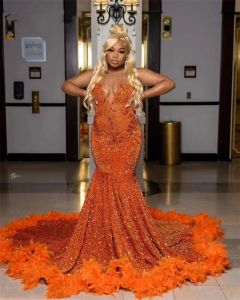 Arrival Orange New Mermaid Prom Dress 2023 Sparkly Beads Crystal Feathers Sequins Birthay Party Gown Robe De Bal