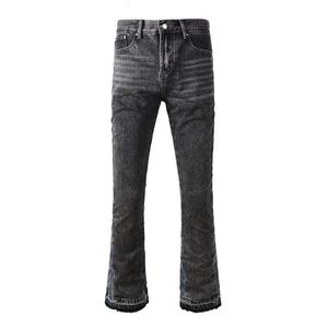 Mężczyźni Mężczyźni Czarny Szary Flare Splice CatMoustetarzone Plasy Dżinsowe spodnie Bootcut Splatled Streetwear Flear Dżinsy 240309