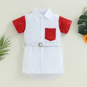 Mädchen Kleider Kinder Mädchen Shirts Kleid Pailletten Patchwork Umlegekragen Kurzarm Sommer Casual Kleidung Prinzessin Mit Gürtel