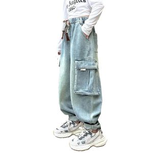 Modelast Jeans för Girls Spring Blue Pocket Design Teenage Kids Cargo Pants Casual Straight School Children Trousers 240228