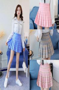 Kawaii Girls Japanese Style High Waist Plaid Chest Pleated Skirt Cute Lolita Mini Short Skirts Uniforms School Tartan pink blue7563901