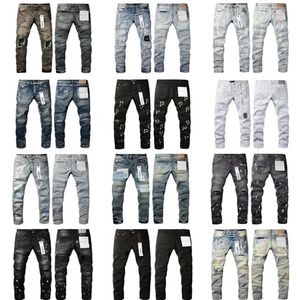 Neue Designer-Lila-Marke, Trend-Herrenjeans, Lila-Jeans, modische Tränen, schwarzes Split-Bike