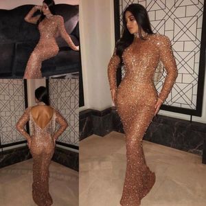 Rose Gold Sequins Mermaid Long Sleeves Evening Dresses Sexy Tassel Backless High Neck Evening Prom Gowns Formal Pageant BC0588271E