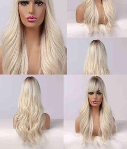 Perucas sintéticas de cabelo Cosplay Alan Long Womens Wigs com franja Ombre Brown Platinum Blonde Side Part Sintético Ondulado para Africano Amer7581687